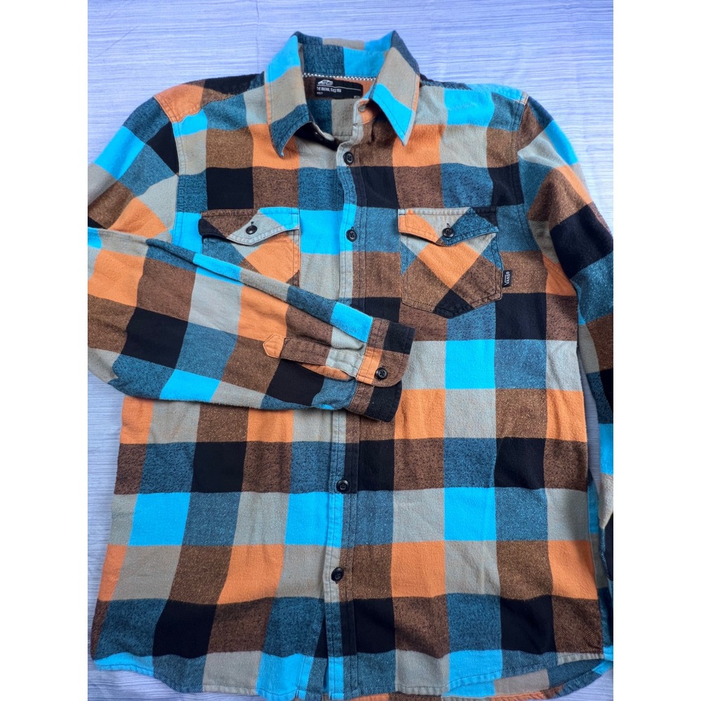 Vans Mens Large Flannel Shirt Blue Orange Plaid Button Down Long Sleeve CA23359